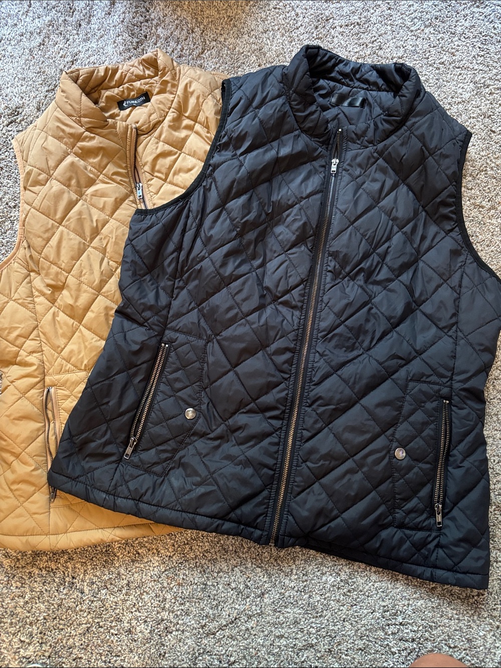 Quilted Black and Tan Sleeveless Puffer Vests